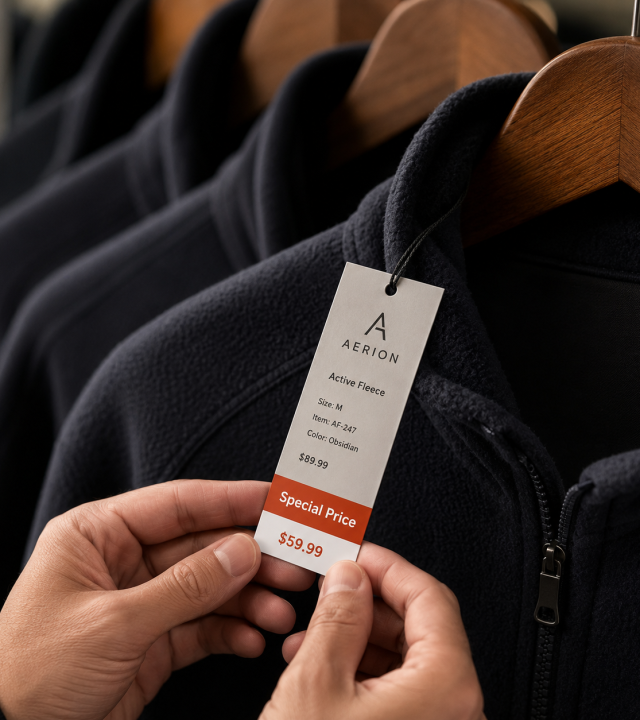A branded hang tag adding the final detail to a retail garment